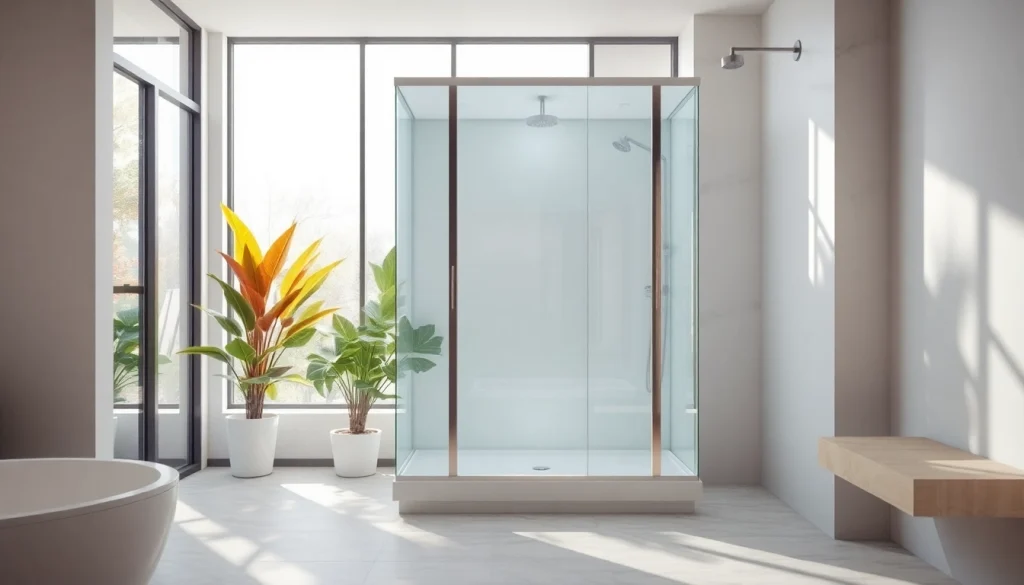 Cabine de douche complete avec des parois en verre et des détails modernes dans une salle de bain élégante.
