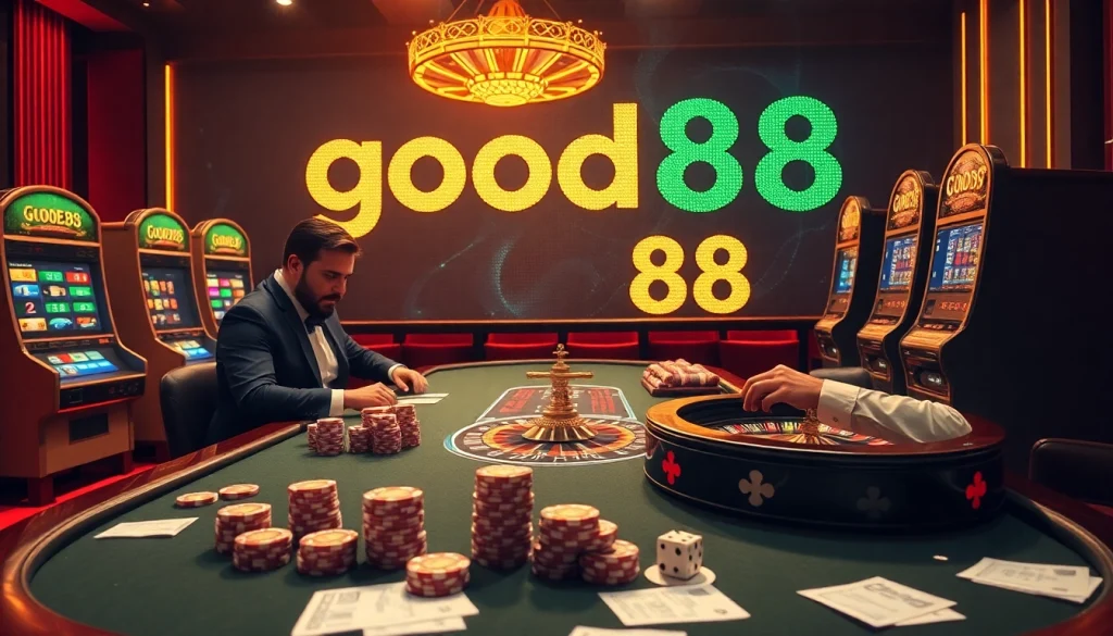 Players enjoying high-stakes poker at good88 casino amidst vibrant chips and exhilarating excitement.