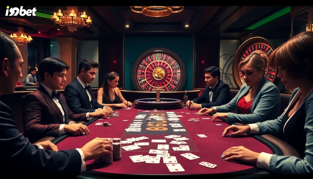 Players experience thrilling moments at the i9bet poker table with chips and cards.