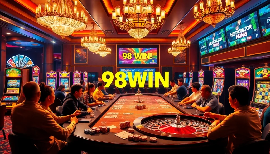 Engage with the exciting gaming scene at 98WIN casino featuring poker tables and roulette wheels.