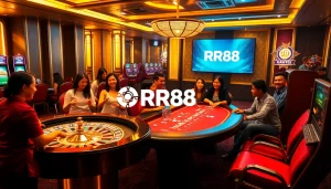 Gamblers engaging with engaging RR88 casino games in a vibrant and luxurious atmosphere.