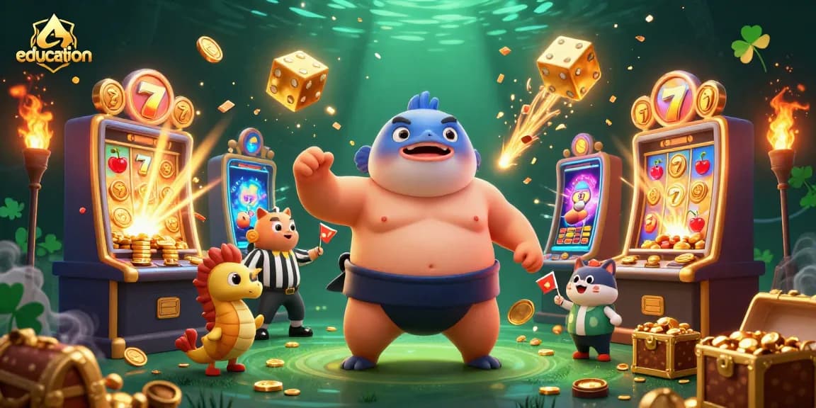 Experience education in gambling strategies with a vibrant underwater casino scene featuring a puffed-up fugu.