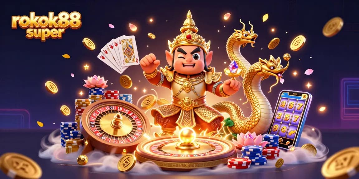 Experience the excitement of rokok88 super with this vibrant casino illustration, showcasing thrilling gaming elements.