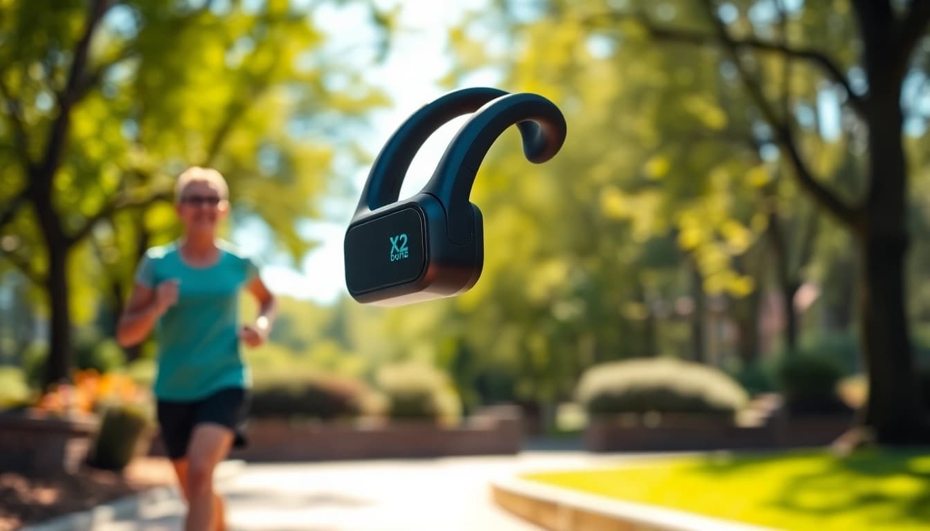 Experience the comfort and performance of Bone X2 Bone Conduction Headphones while jogging in nature.