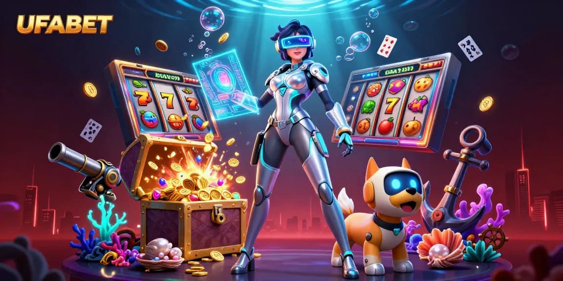 Engage with UFABET through thrilling slots with vibrant visuals and futuristic elements in a dynamic 3D scene.