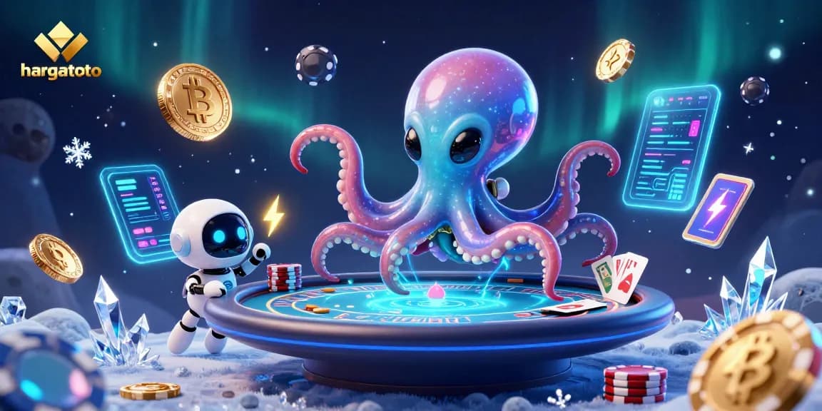 hargatoto showcases an alien octopus gaming at a holographic poker table amidst cryptocurrency coins and vibrant space.