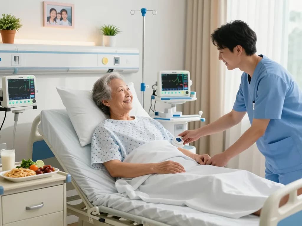 giường bệnh nhân in a warm hospital room, elderly patient smiling while caregiver adjusts bed settings, bright atmosphere
