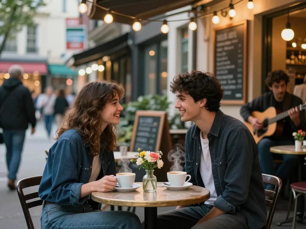 Couple sharing a moment with a crush on each other in a vibrant café.