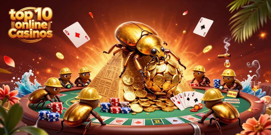 Engage with the top 10 online casinos through a vibrant 3D illustration featuring golden beetles and casino themes.