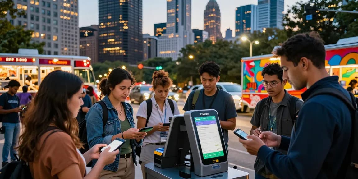 People using 시카고페이 at a busy kiosk in Chicago's vibrant urban setting.