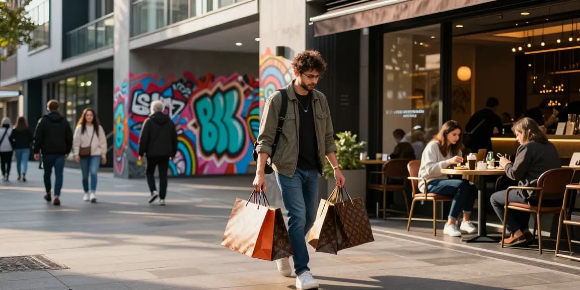 Shopper exploring 레플리카 사이트 in a dynamic urban scene, showcasing replica fashion items.