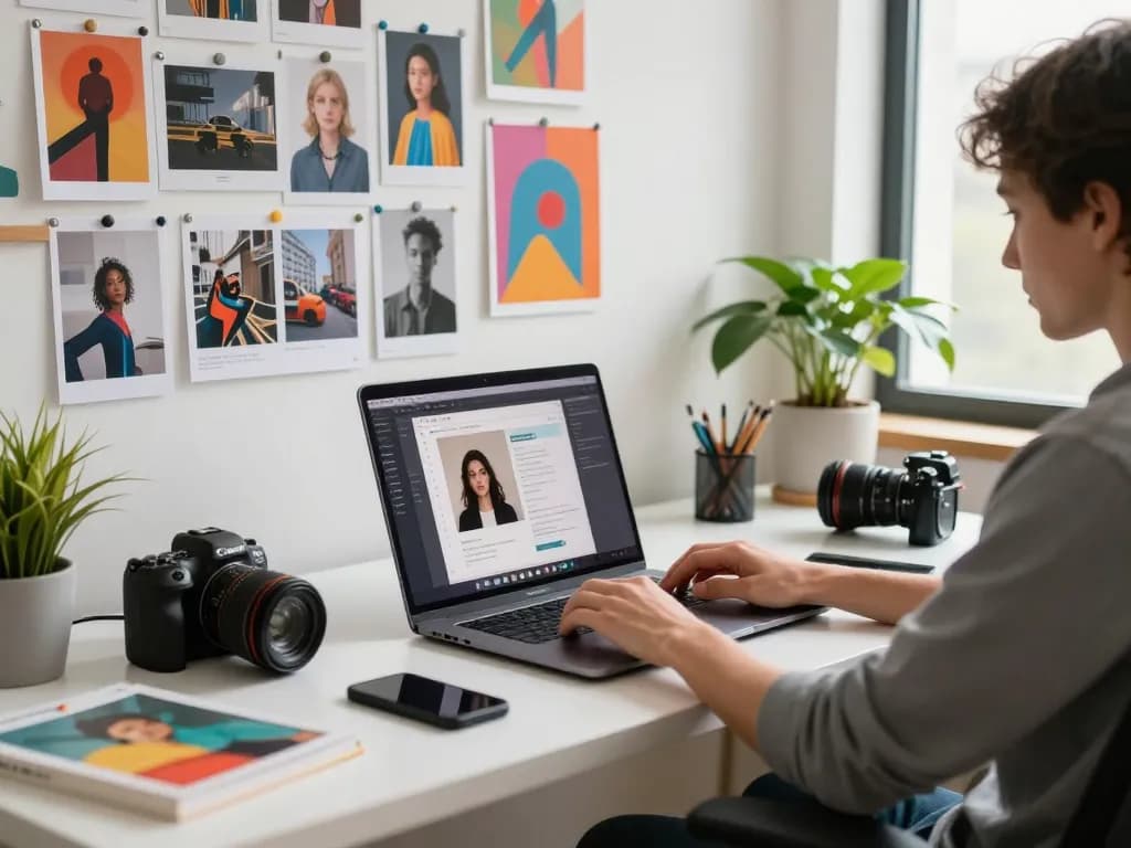 Energizing workspace where an AI image to prompt generator is in use, illustrating a creative process with vibrant images and modern tech.