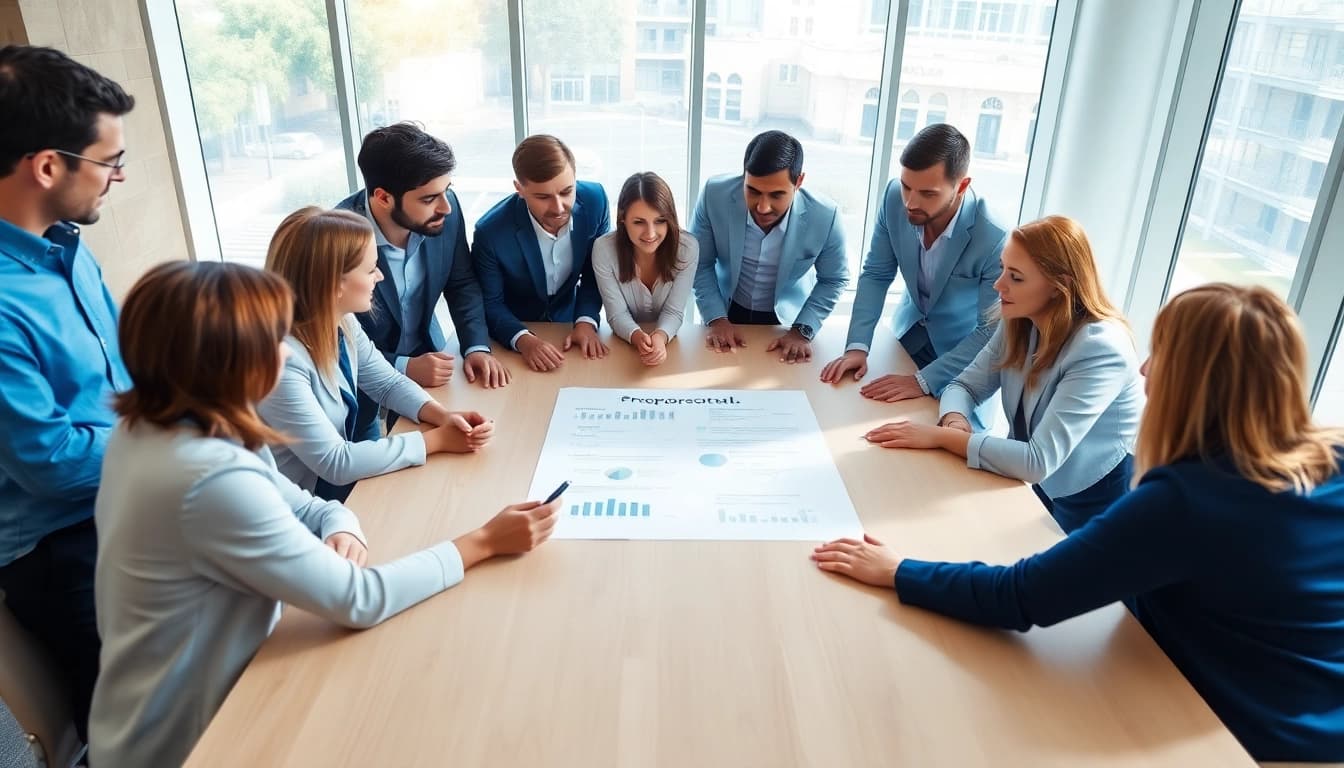 Enhancing Proposal Writing and Management through collaborative teamwork in a bright conference room.