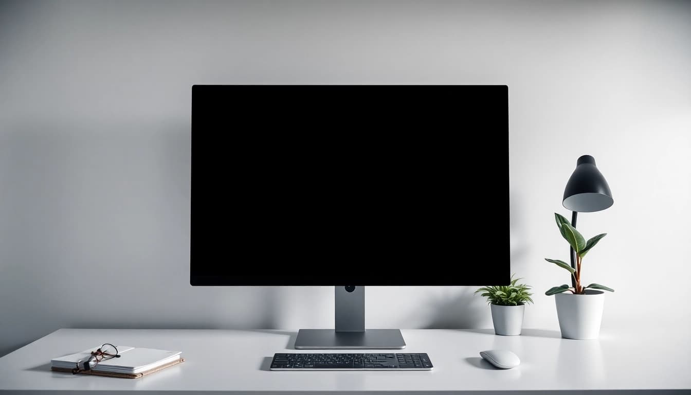 Full screen black display for focus and relaxation, showcasing pantalla negra in a modern workspace.