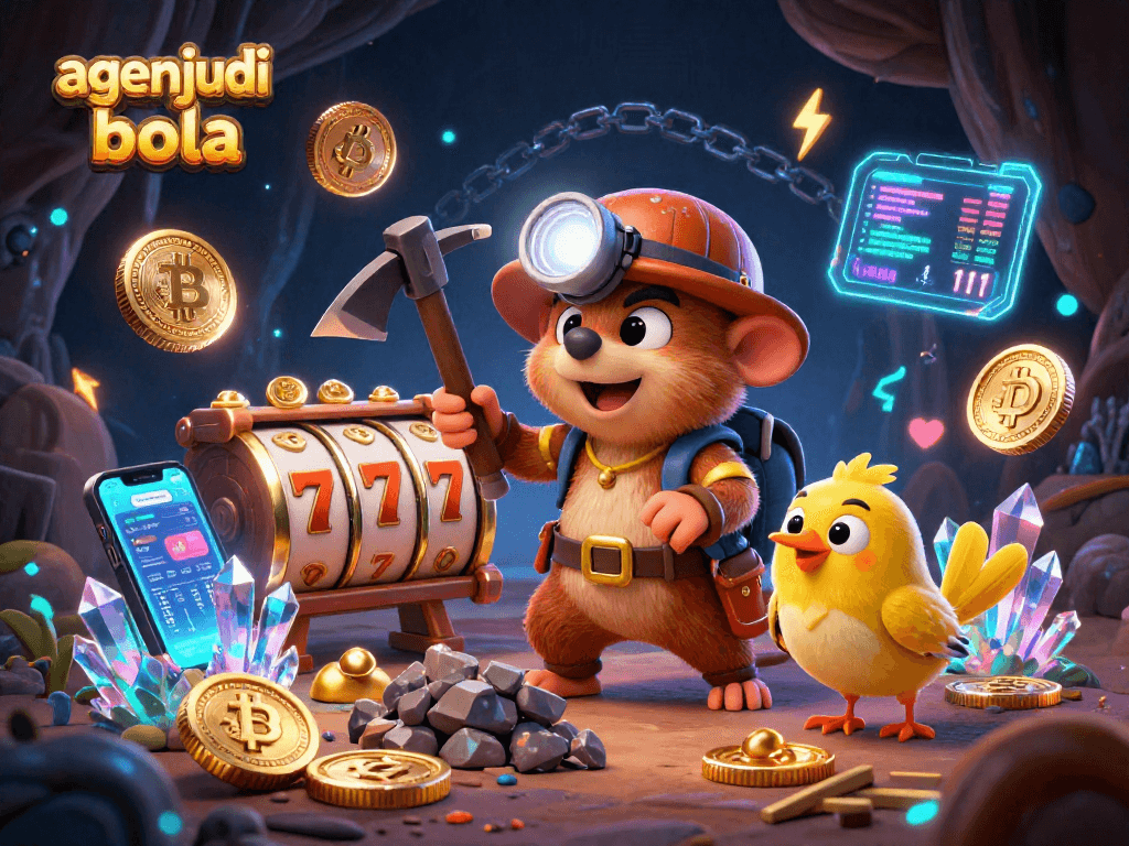 Experience the thrill of agen judi bola as a treasure hunter mole discovers gems amid vibrant slot reels and cryptocurrencies.