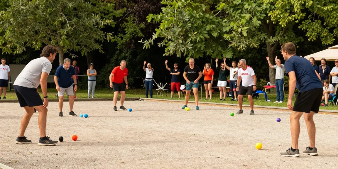 Aktivitas di event olahraga petanque oleh fopikotapalu.org dengan pemain beragam berkompetisi di lapangan kerikil.