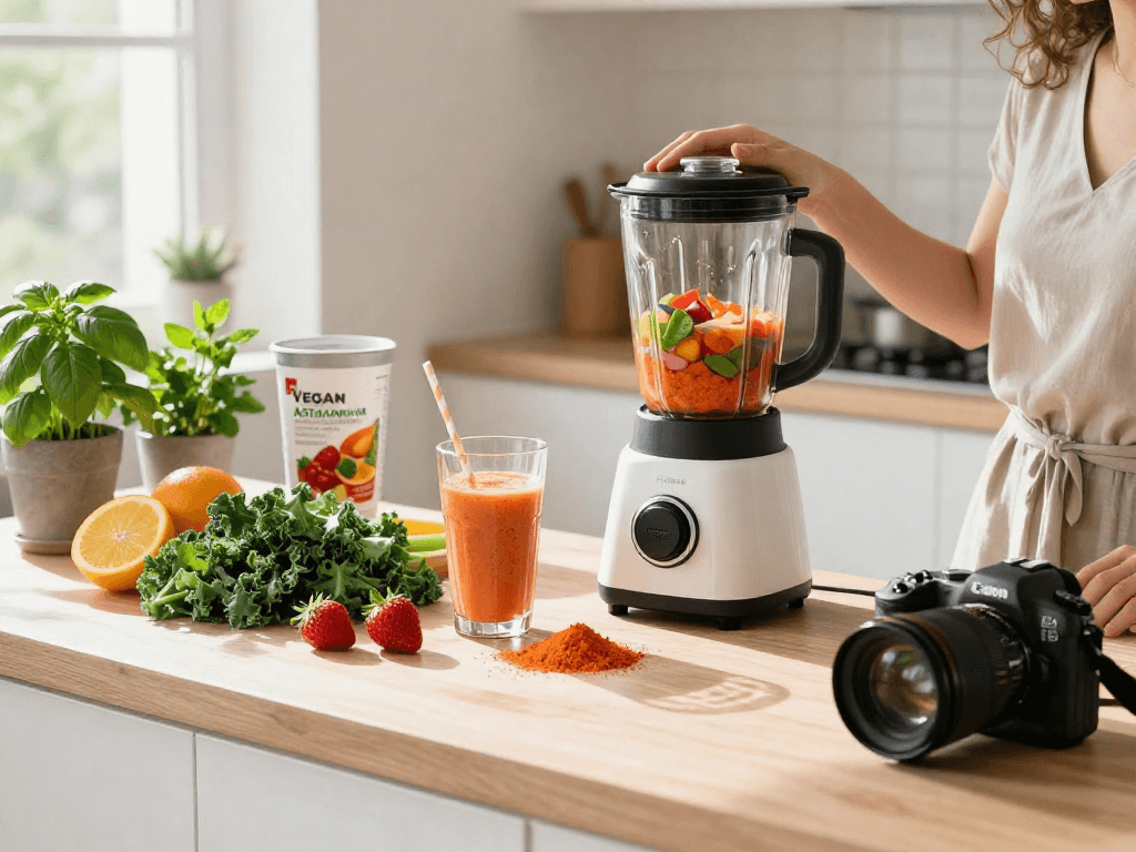 Vegan astaxanthin supplement smoothie preparation in a bright kitchen.