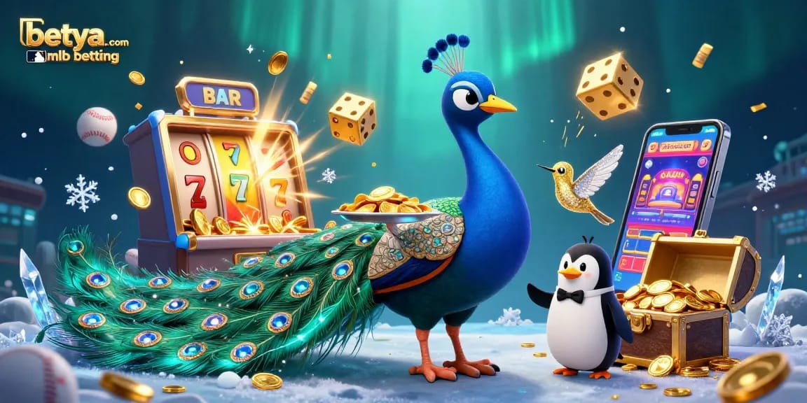 Engage in betya.com mlb betting with vibrant casino scene featuring peacock, penguin, and hummingbird.