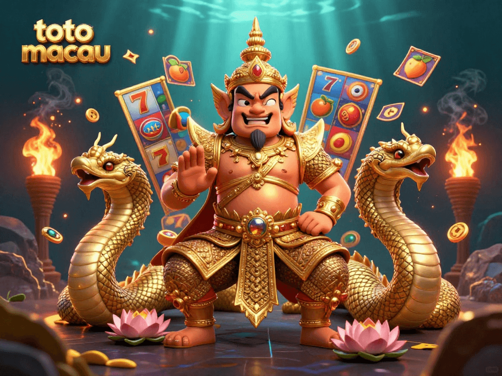 Spin the reels at toto macau, featuring vibrant slot symbols and a colorful guardian scene.
