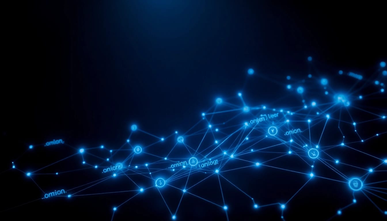 The hidden wiki dark web visual representation with glowing connections, symbolizing a network of .onion links.