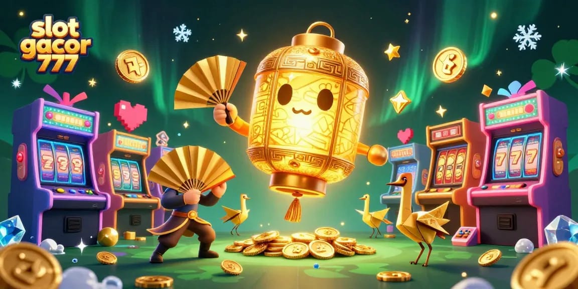 Permainan slot gacor 777 dengan karakter lampion emas dan mesin slot penuh daya tarik.