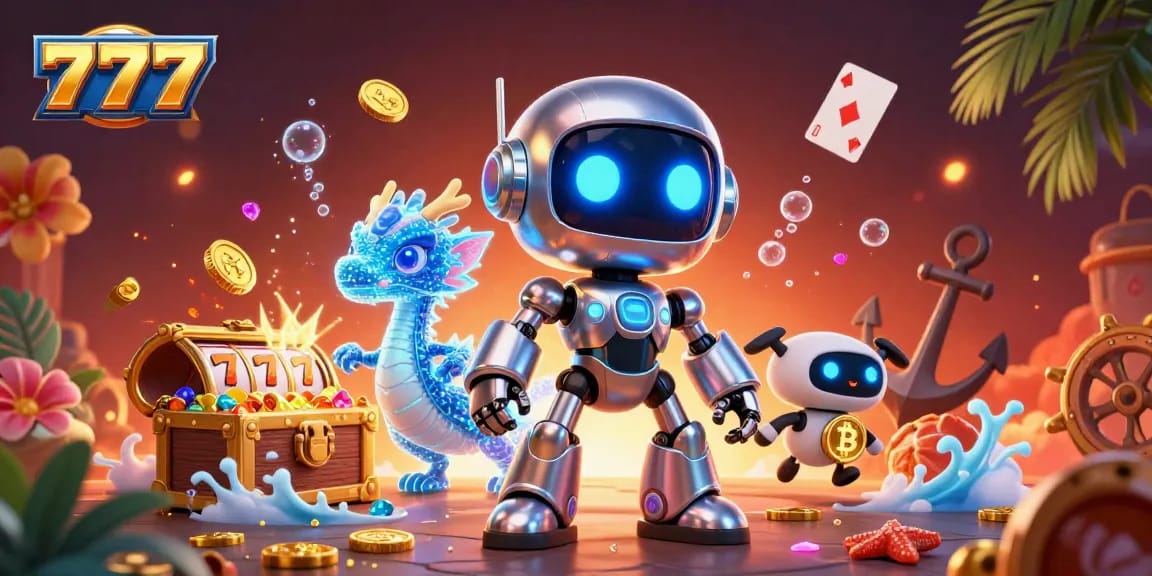 Engage with exciting 777 online gaming adventures featuring a cyberpunk robot and treasure elements.