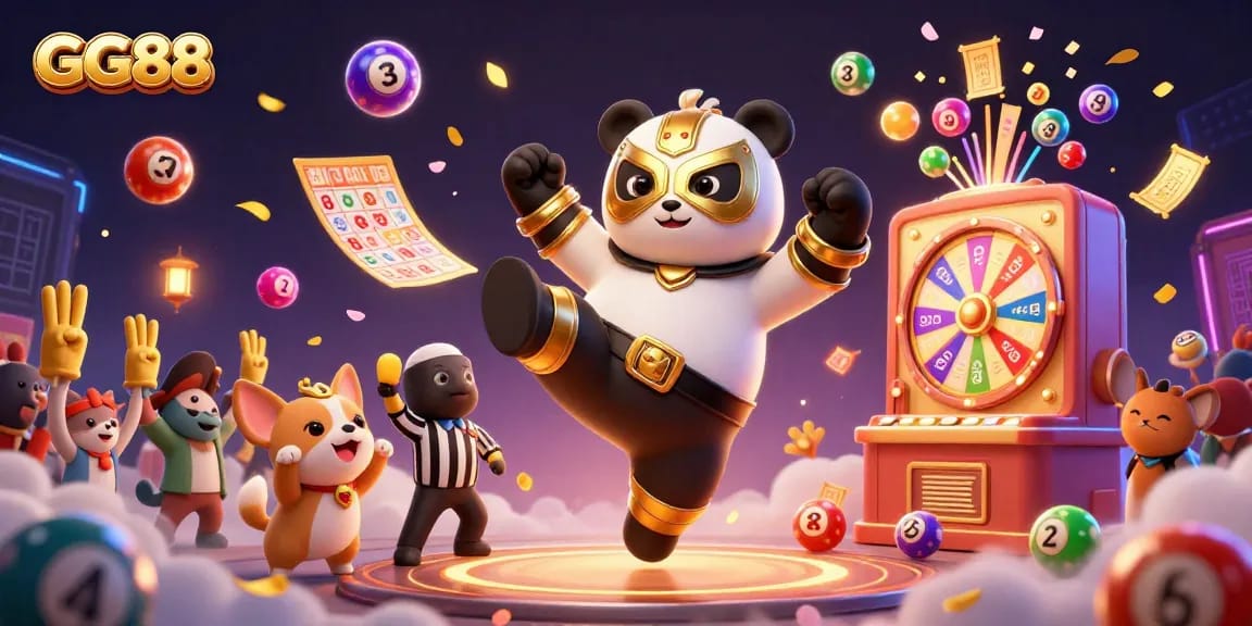 Experience the excitement of GG88 with a lively scene of a panda wrestler and chihuahua referee amidst colorful bingo elements.