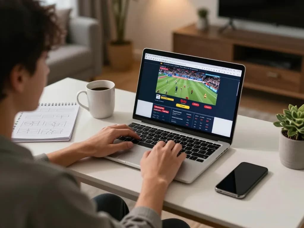 Engaging with siti scommesse stranieri sicuri on a stylish home desk, laptop displaying sports betting.