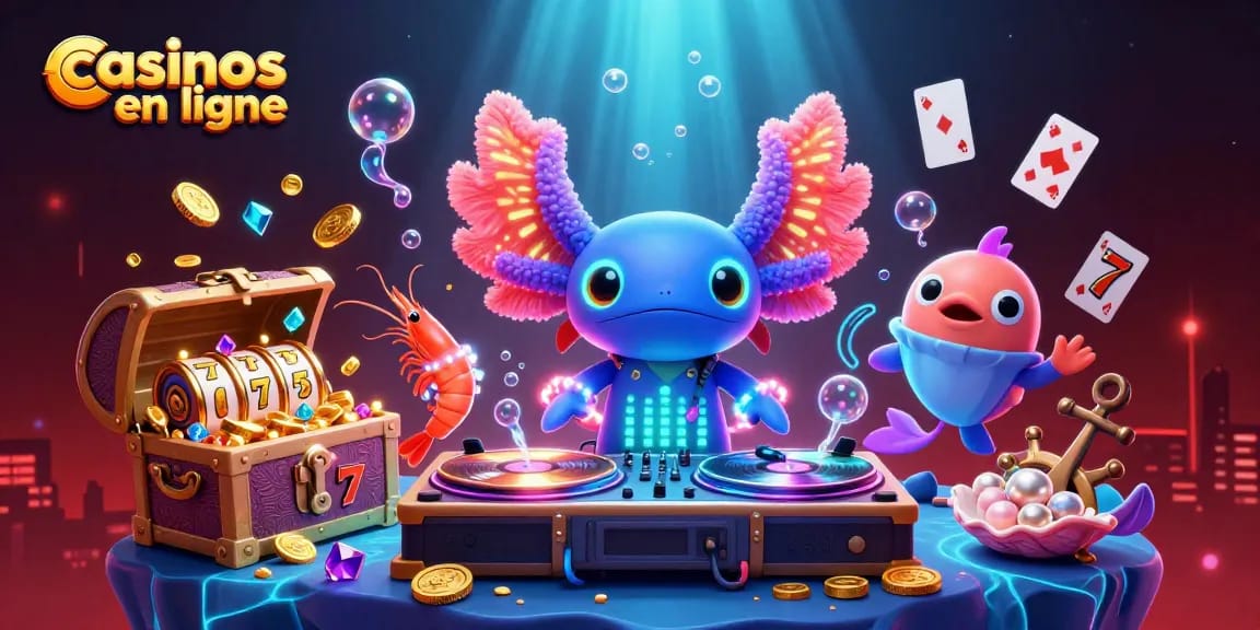 Jouez aux casinos en ligne avec cet axolotl DJ lumineux entouré de créatures marines dans un univers coloré