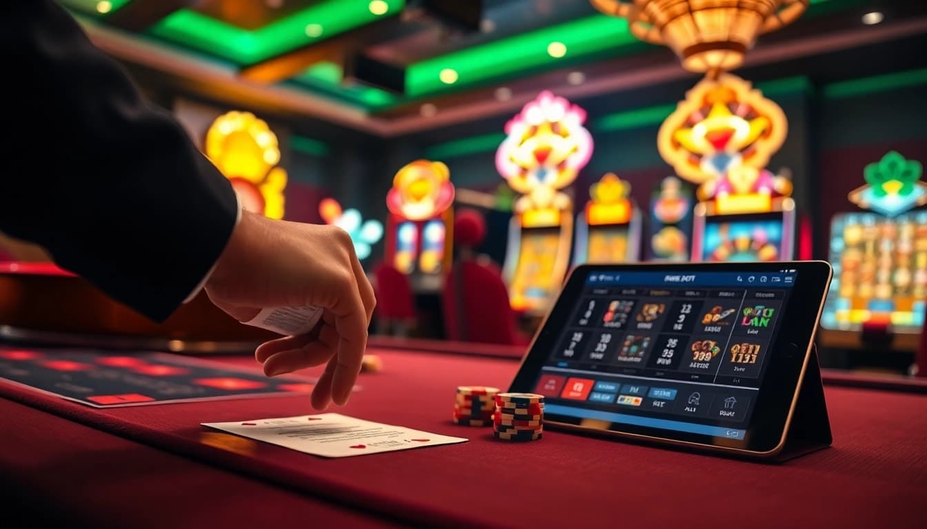 Engaging scene depicting link alternatif sbobet betting with poker chips and cards on a casino table.