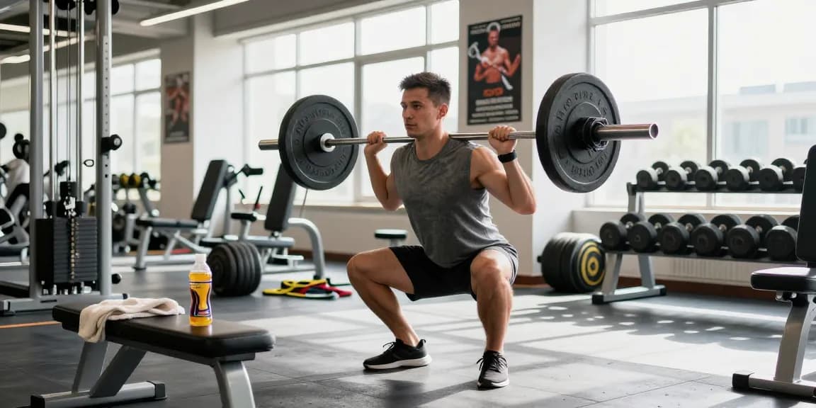 Dedicated athlete at Pharmaqo Shop gym performing barbell squats, showcasing strength and focus.