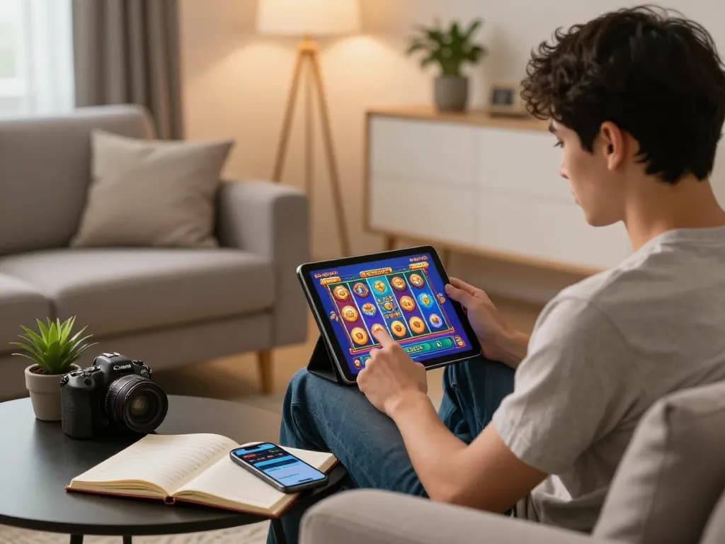 Engaging in casino online gratis senza registrazione gaming on a tablet in a modern living room setting.