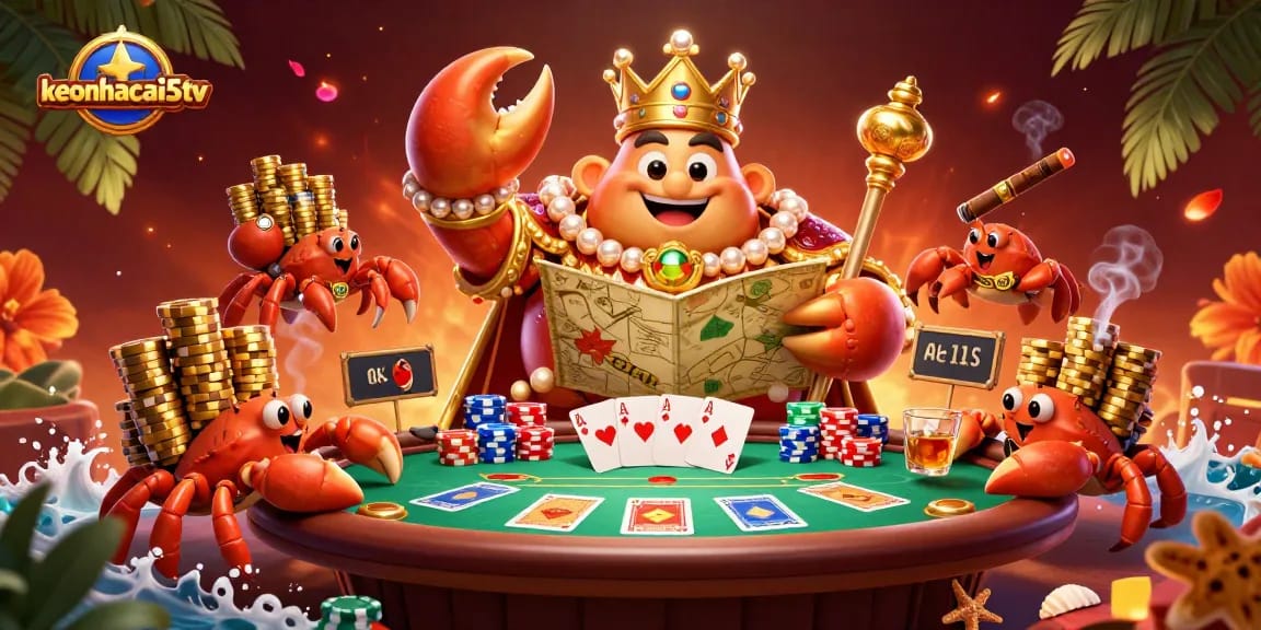 Engage in thrilling poker action with the keonhacai5tv crab emperor and his treasure map.
