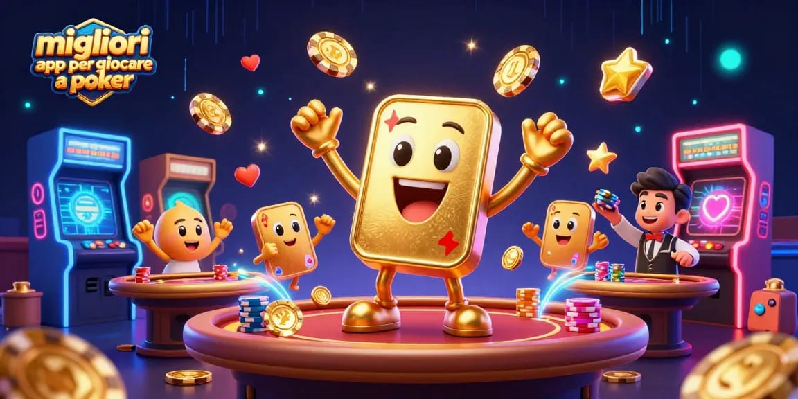 Migliori app per giocare a poker: festeggia la vittoria con un tavolo da poker sorridente e allegri chips volanti