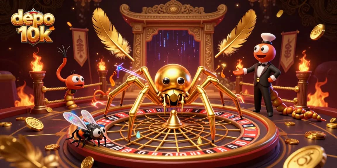 Experience the thrill of depo 10k with engaging visuals of an online casino featuring a dynamic golden spider and betting elements.