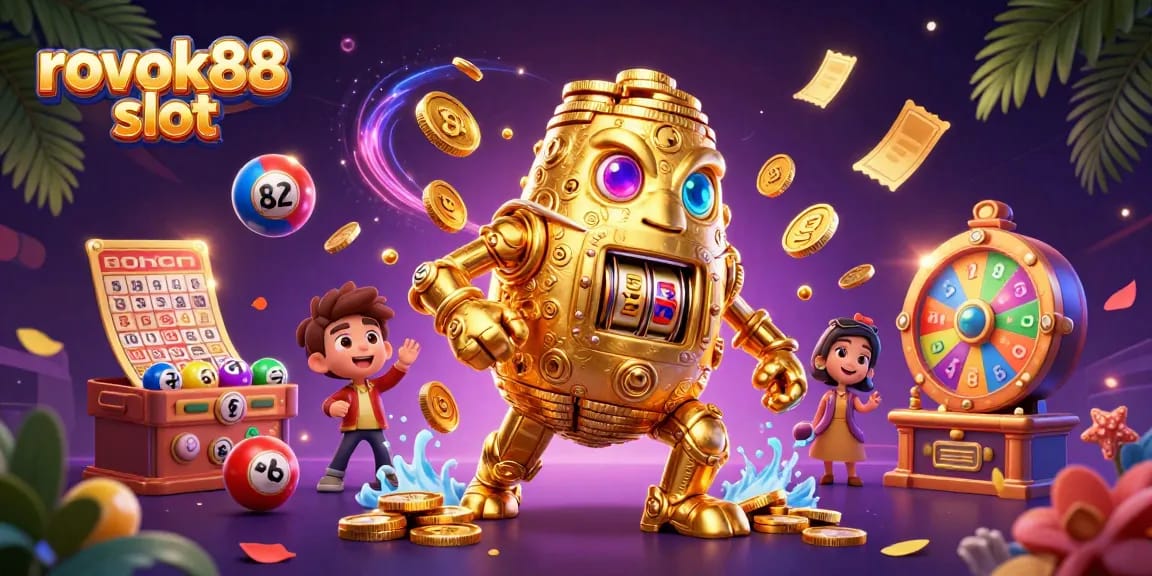 Engage with the vibrant rokok88 slot scene featuring a golden golem and dynamic casino elements.
