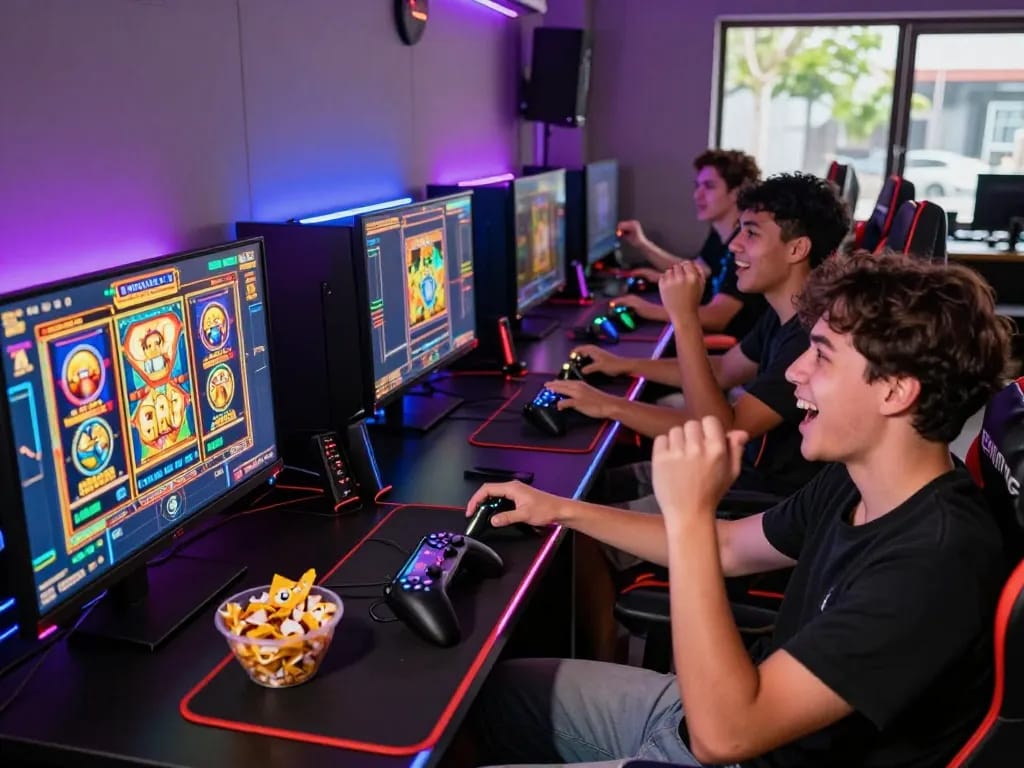 Group enjoying online gaming together while playing situs gacor slot games in a lively atmosphere.