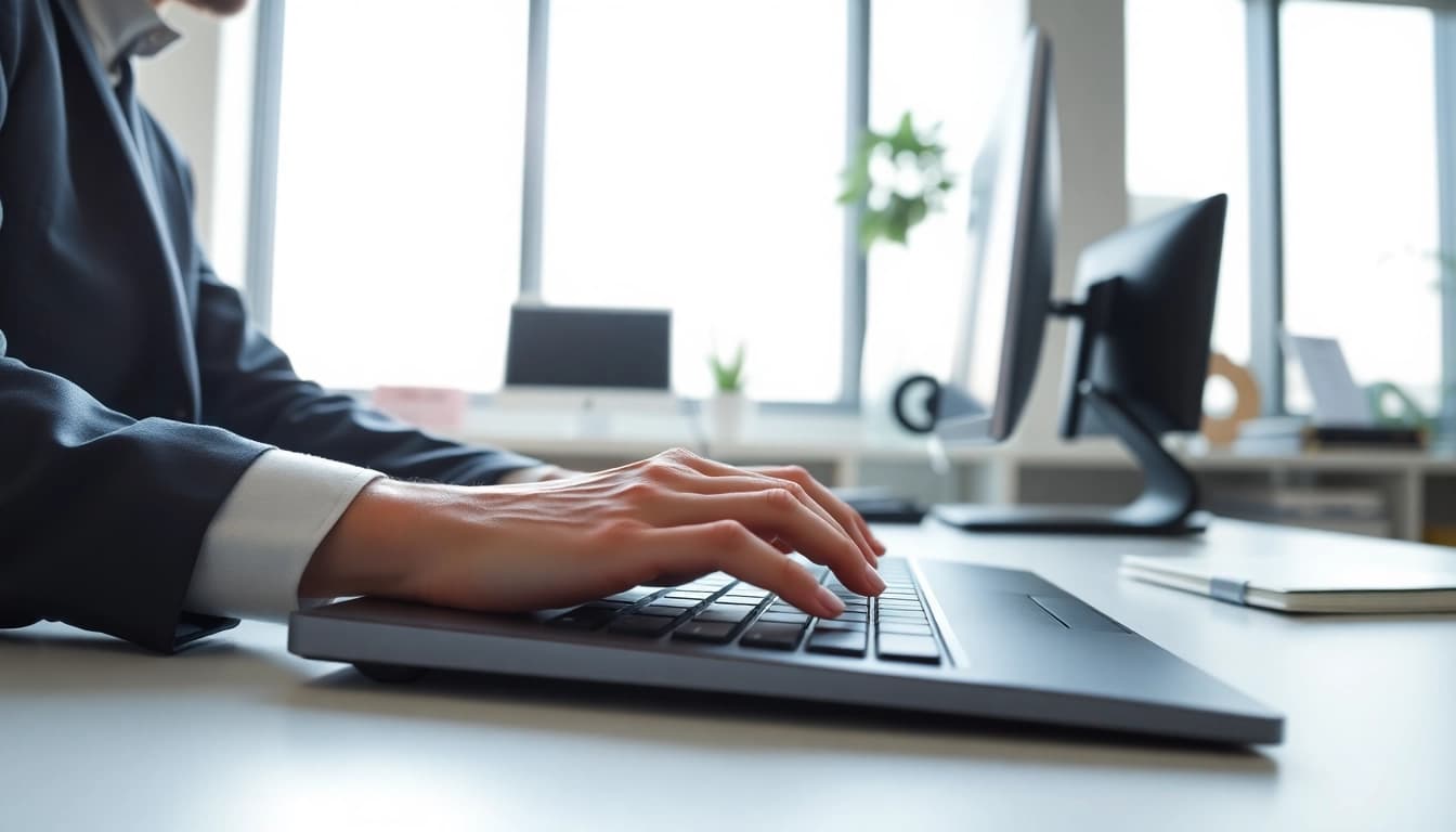 Master typing skills at a professional typing center with a skilled typist focused on their keyboard.