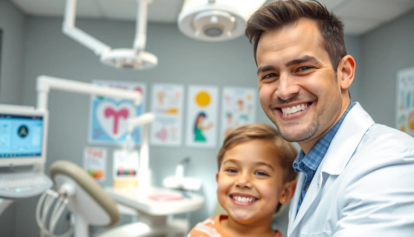 Orthodontist near me interacting with a young patient in a bright, modern dental clinic.