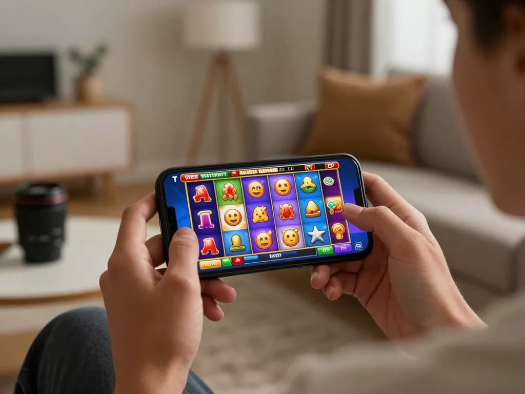 Enjoying the excitement of slot bonus new member 100 through a smartphone in a cozy home setting.