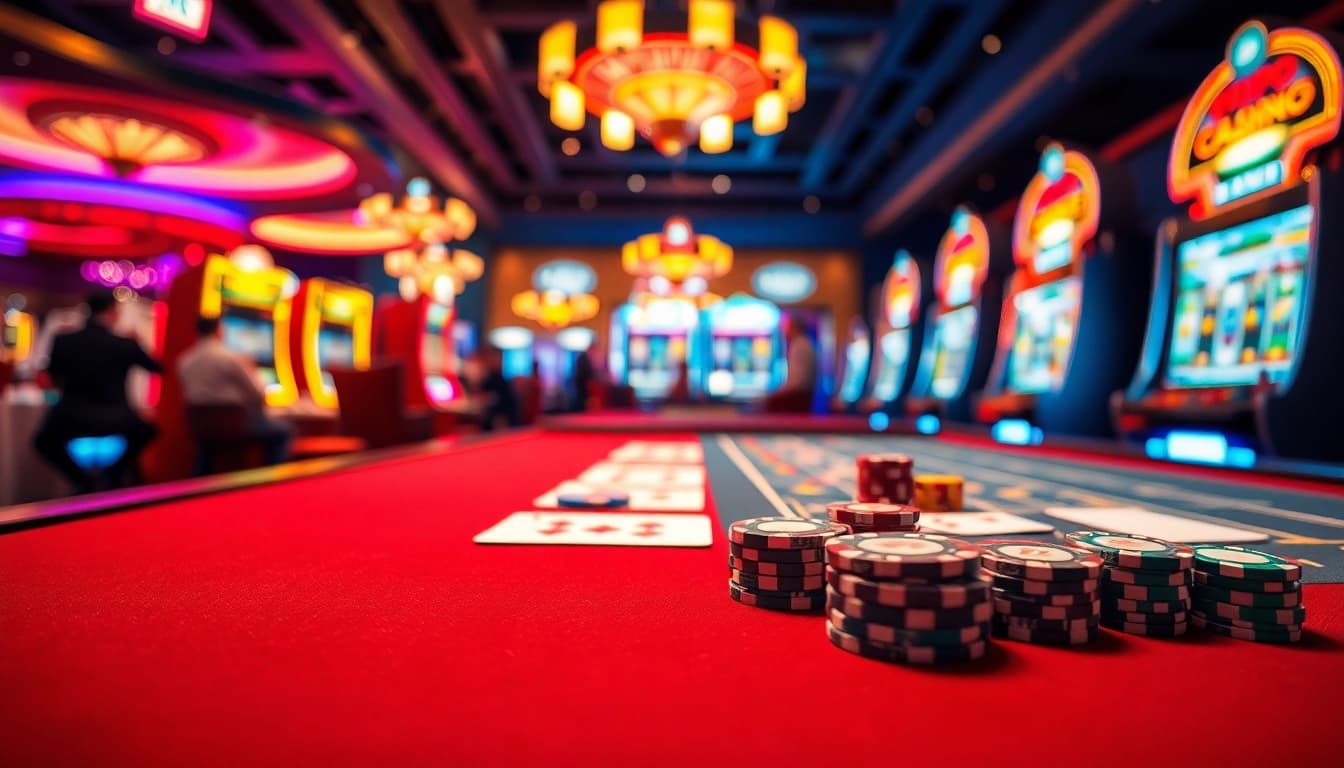 Erleben Sie den casino bonus ohne einzahlung neu in einer lebendigen Casino-Umgebung mit Spieltischen und Lichtern.