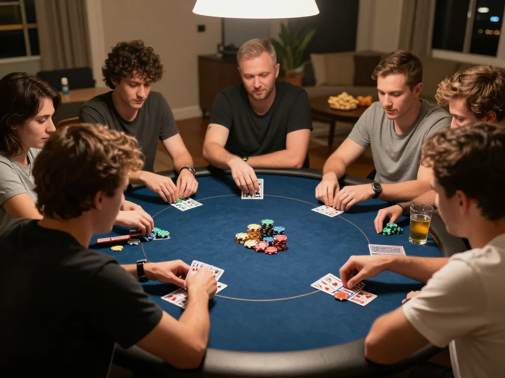 Players strategize in an intense poker game at home, showcasing 58win1's lively atmosphere.