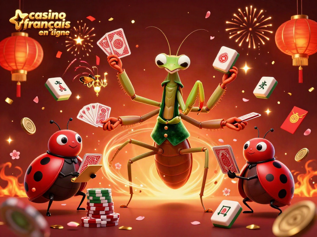 Illustration dynamique de casino français en ligne avec un monstre géant, des cartes, et des lumières chinoises