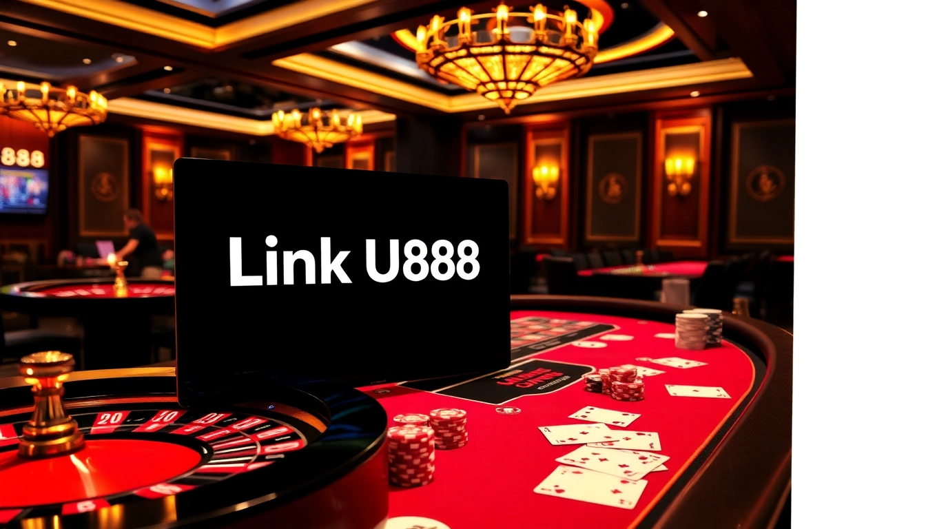 Engaging gaming scene showcasing "Link U888" with vibrant casino elements like roulette and poker.