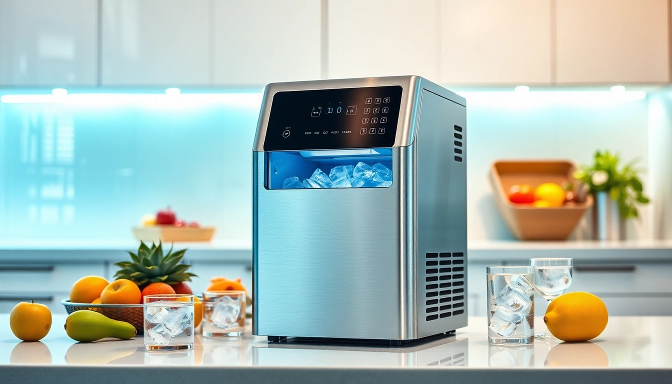 Ice maker producing fresh ice in a stylish kitchen setting for drinks.