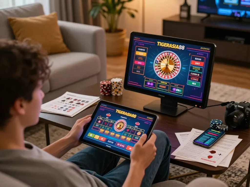 TIGERASIA88 live casino gameplay displayed on tablet with notebook and smartphone nearby.