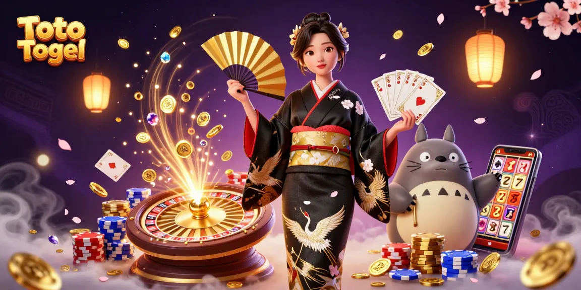 Toto Togel showcases an intricate scene with coins and cards, featuring a refined Asian woman and tanuki.