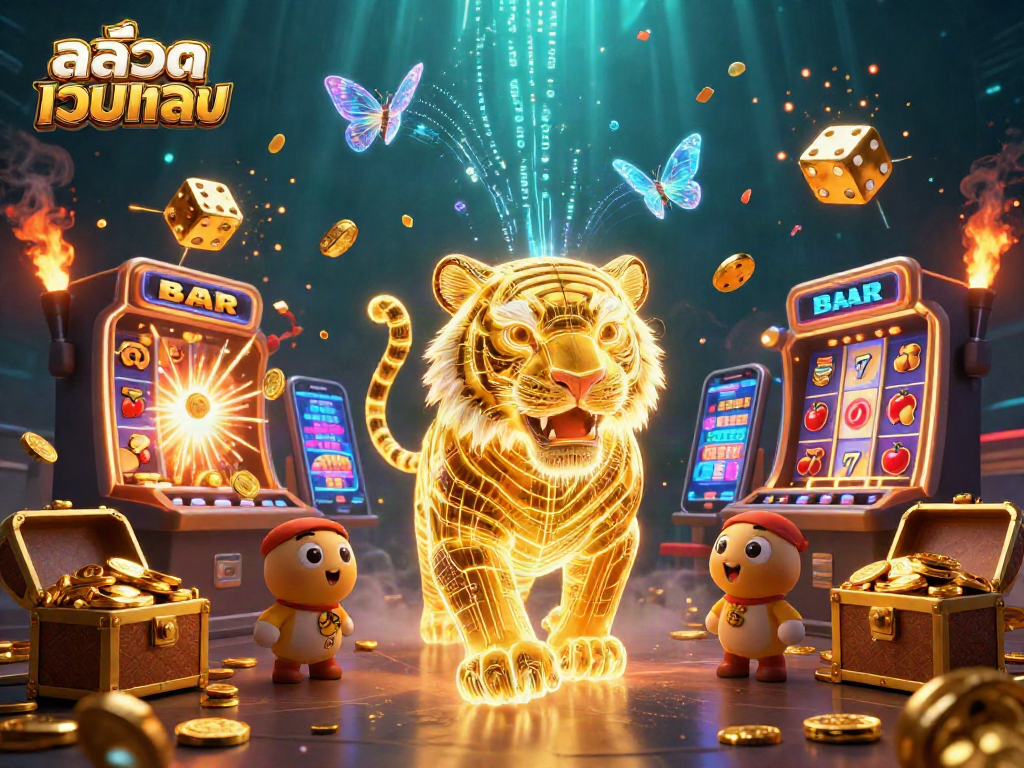 Experience thrilling สล็อตเว็บตรง with vibrant slot explosions, a golden tiger, and interactive casino games.