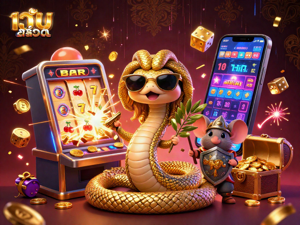 Experience เว็บสล็อต excitement with a vibrant scene of Medusa and a warrior mouse amidst casino jackpots.