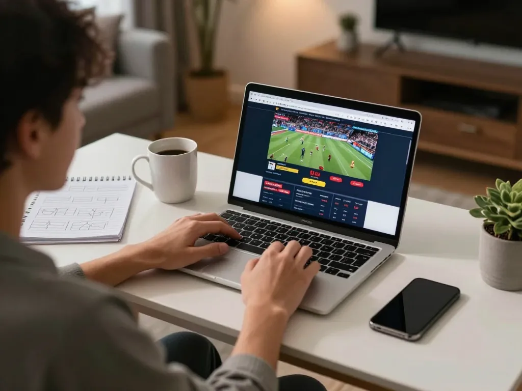 Engaging with siti scommesse stranieri sicuri on a stylish home desk, laptop displaying sports betting.
